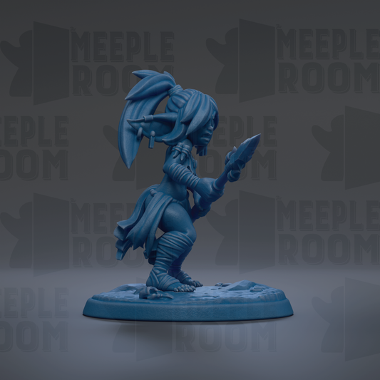 A blue figurine of a character with a large head and long hair, holding a weapon, is displayed against a dark background with repeated text.