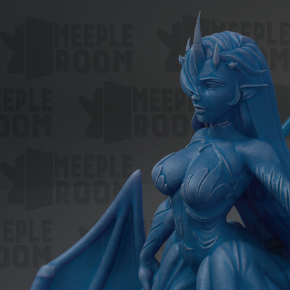 A close-up of a blue, winged female character with horns, possibly a fantasy or fantasy-inspired character.