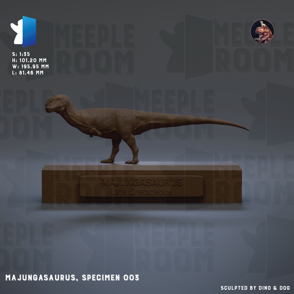 a 3D model of a Majungasaurus, a dinosaur species, displayed on a brown base.