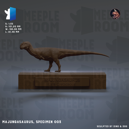 a 3D model of a Majungasaurus, a dinosaur species, displayed on a brown base.