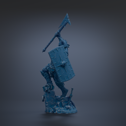 A blue, 3D-rendered statue of a warrior figure holding a shield and sword, standing on a rocky base against a dark background.