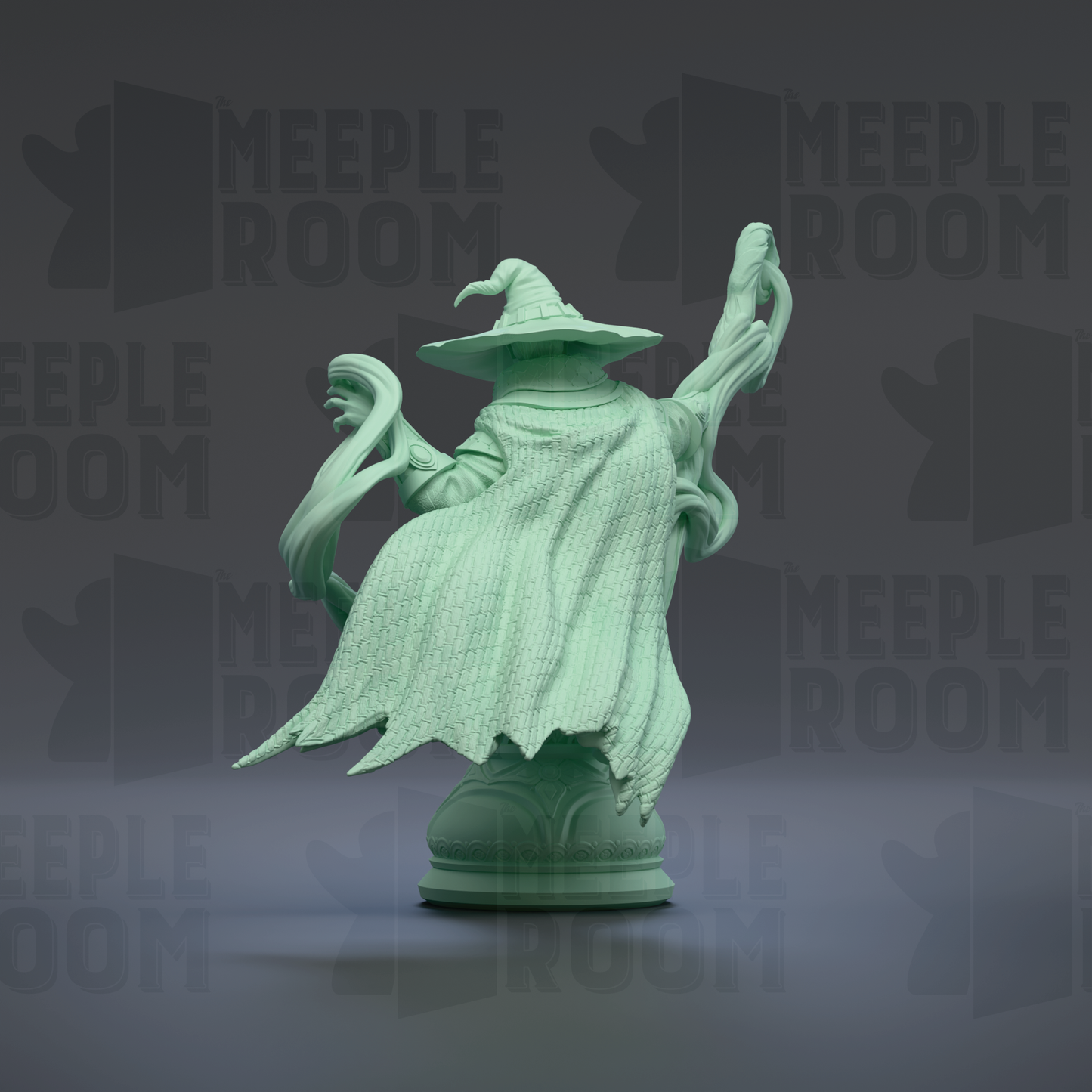 A green statue of a wizard or magical figure, with flowing robes and a pointed hat, standing on a pedestal against a dark background with repeated text.