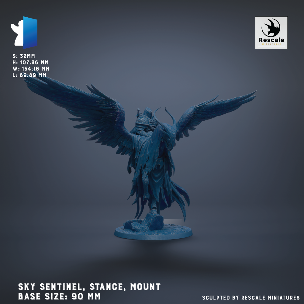 a large, detailed statue of a winged creature with outstretched wings, standing on a base. The statue is made of a material that appears to be metal or stone, and it is mounted on a round base. The statue is described as a "SKY SENTINEL, STANCE, MOUNT" and has a base size of 90 mm. The image is a collage of multiple images, and it is described as being "Sculpted by RESCALE MINIATURES".