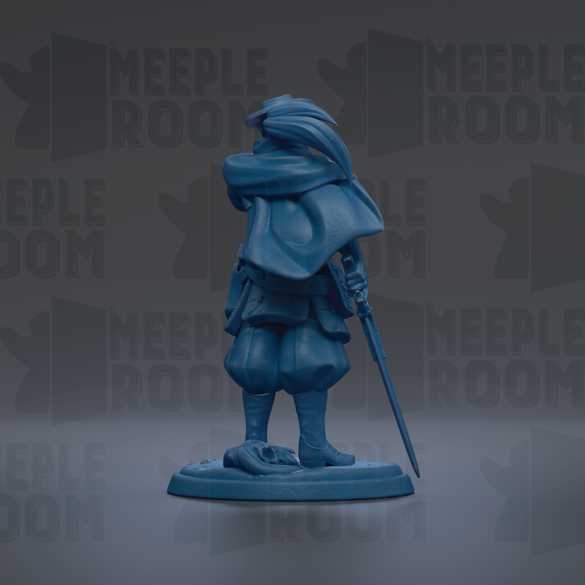 A blue figurine of a person holding a sword and shield, standing against a dark background with repeated text.