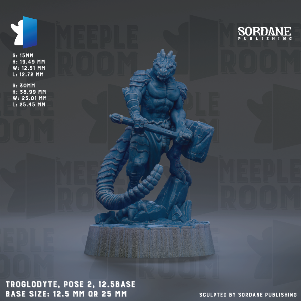 a figurine of a dragon-like creature, possibly a meeples, posed in a dynamic fighting stance with a sword. The figurine is set against a dark background with the text "MEEples" visible. The figurine is described as having a size of 2.12-5.5 base size, which is either 12.5 mm or 25 mm. The image is a collage of multiple images, and the phrase "Sculpted by Sordane Publishing" is mentioned at the bottom.