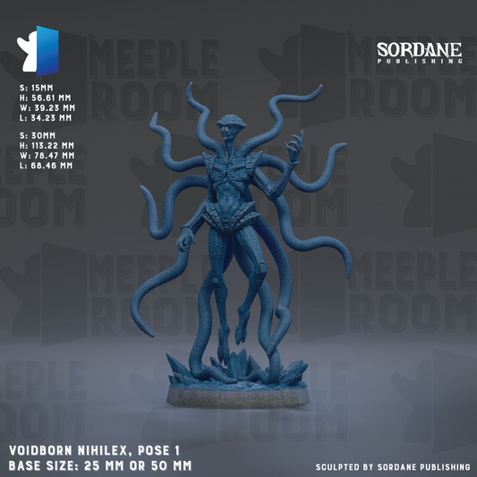 The image is a figurine of a humanoid character with multiple tentacles, likely representing a mythical or fantastical creature. The figurine is shown in a pose with its arms raised, and it is described as a " Voidborn Nihilex, Pose 1" with a base size of either 25mm or 50mm. The image is a collage of various images, and it is described as a " sculpture by Sordane Publishing".