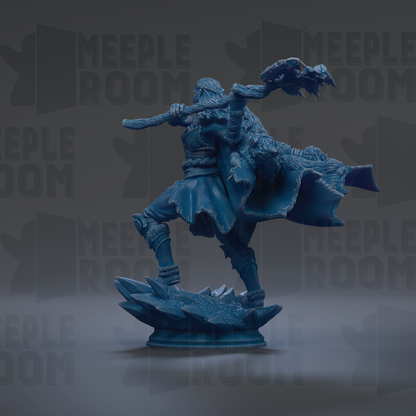 A blue figurine of a warrior wielding a sword and shield, standing on a platform and holding a spear.