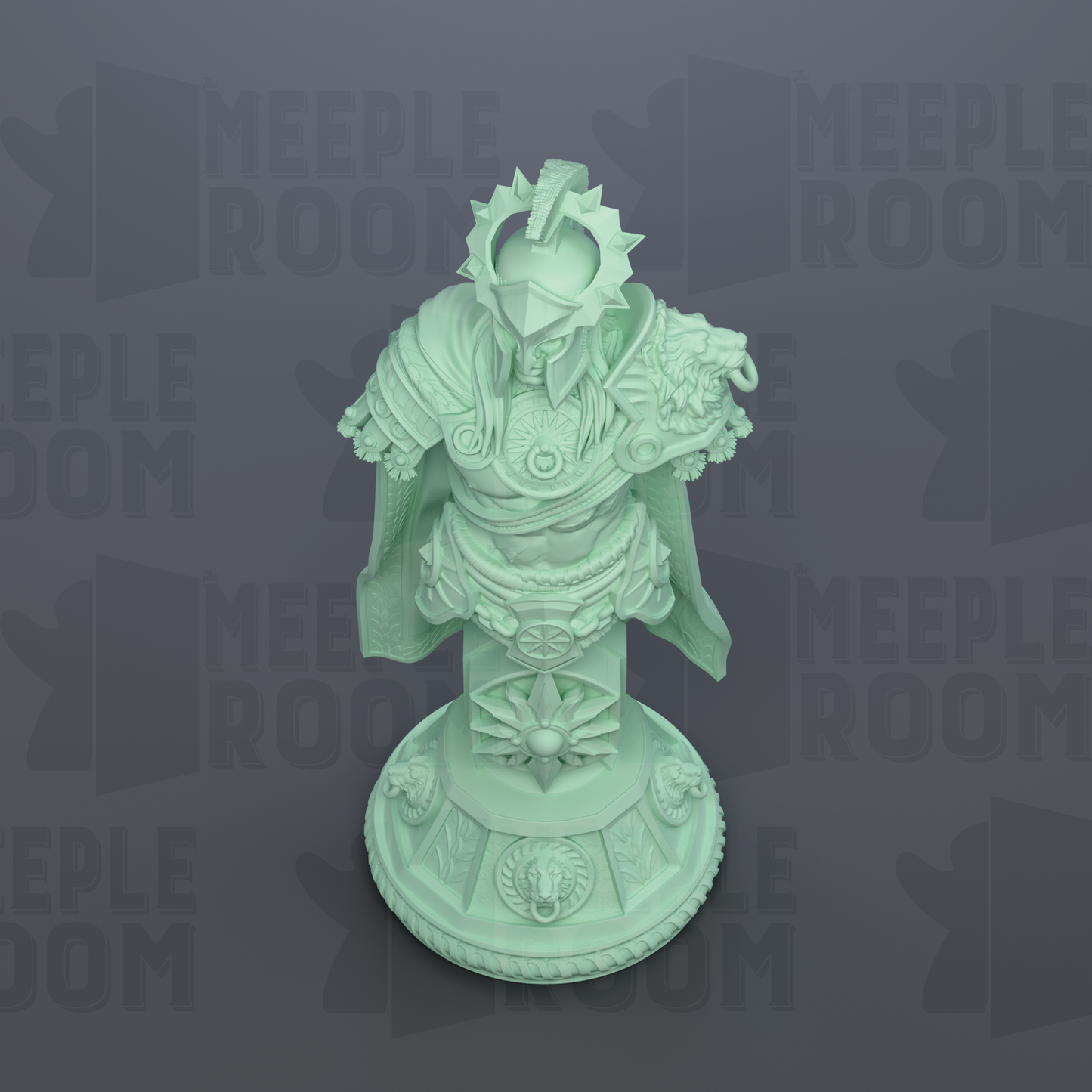 A green statue of a warrior figure with a crown and shield, standing on a pedestal with various decorative elements.