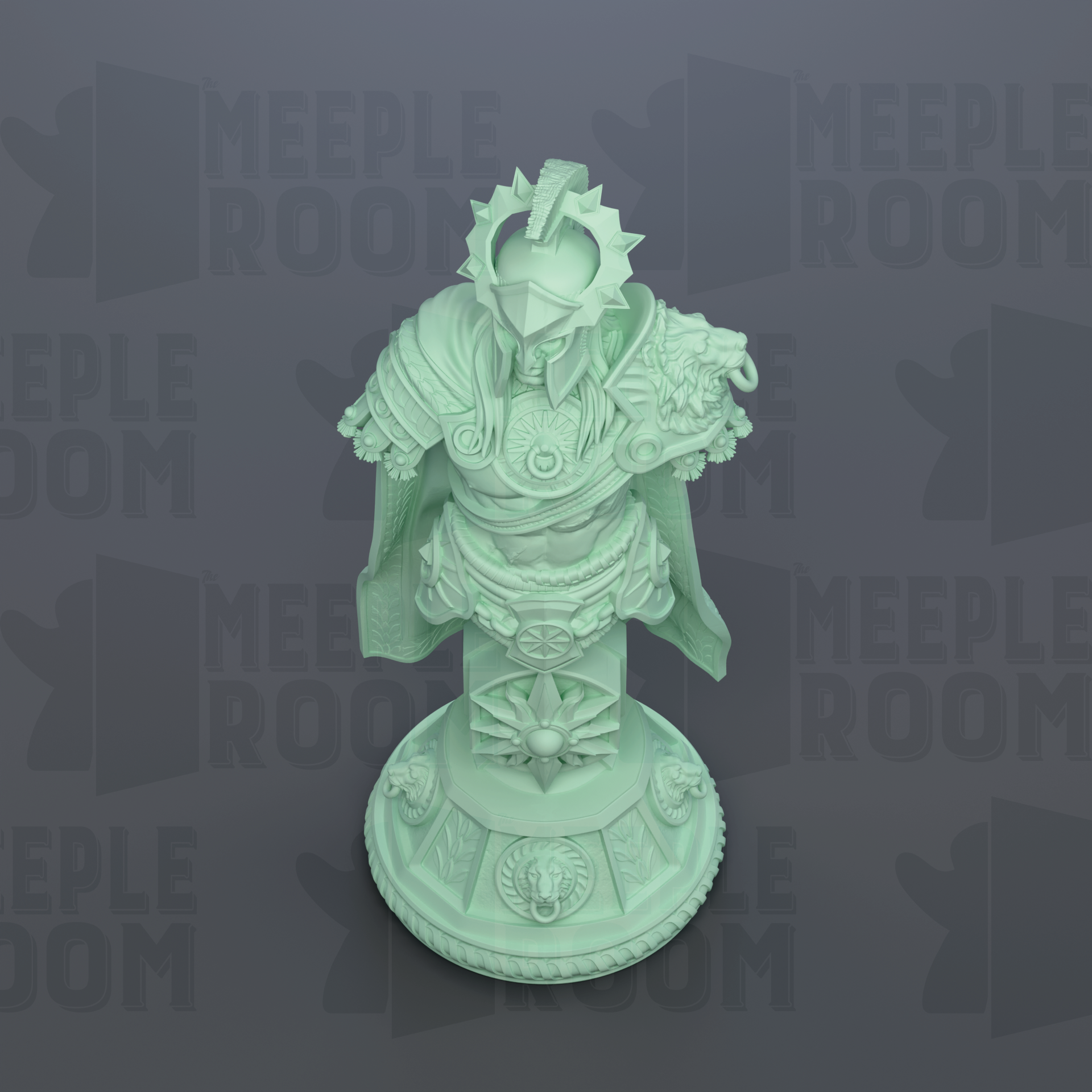 A green statue of a warrior figure with a crown and shield, standing on a pedestal with various decorative elements.