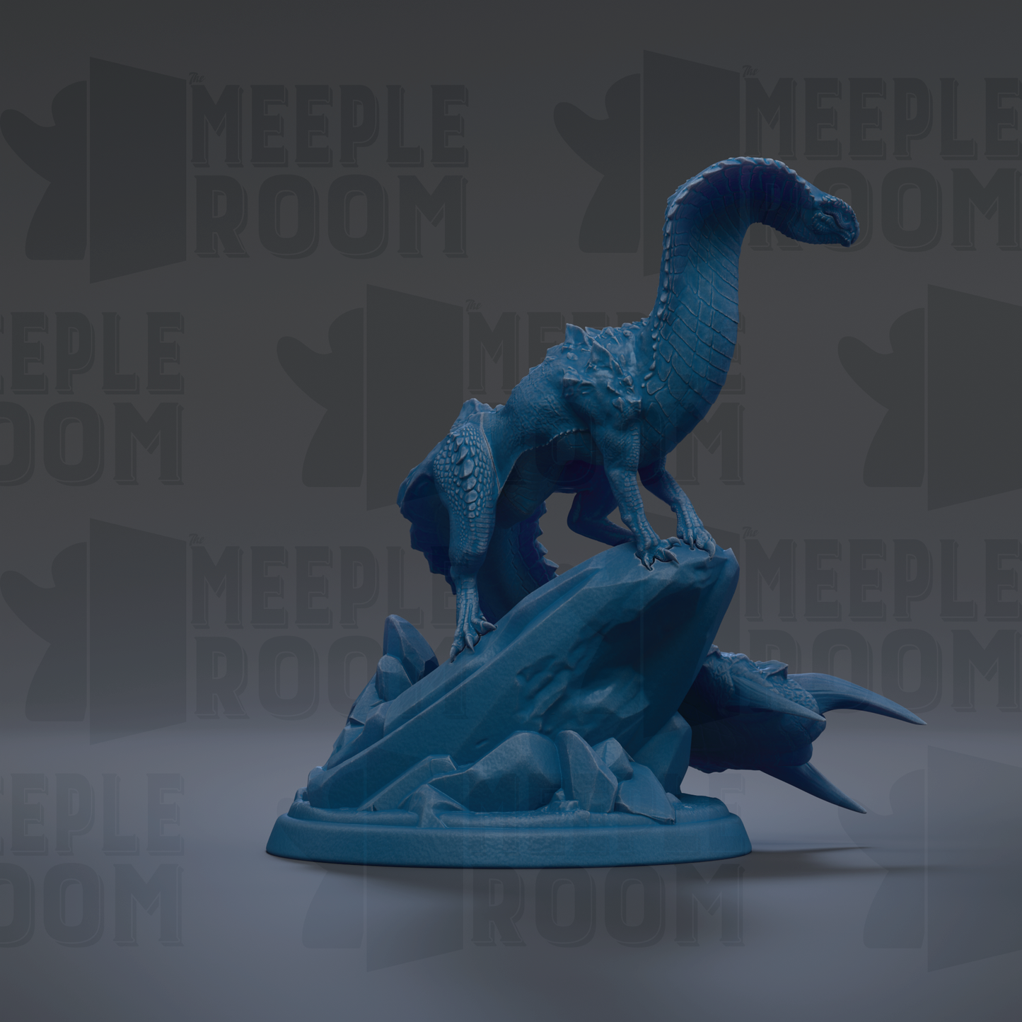 A blue, 3D-rendered dragon figurine is perched on a rock formation against a dark background.