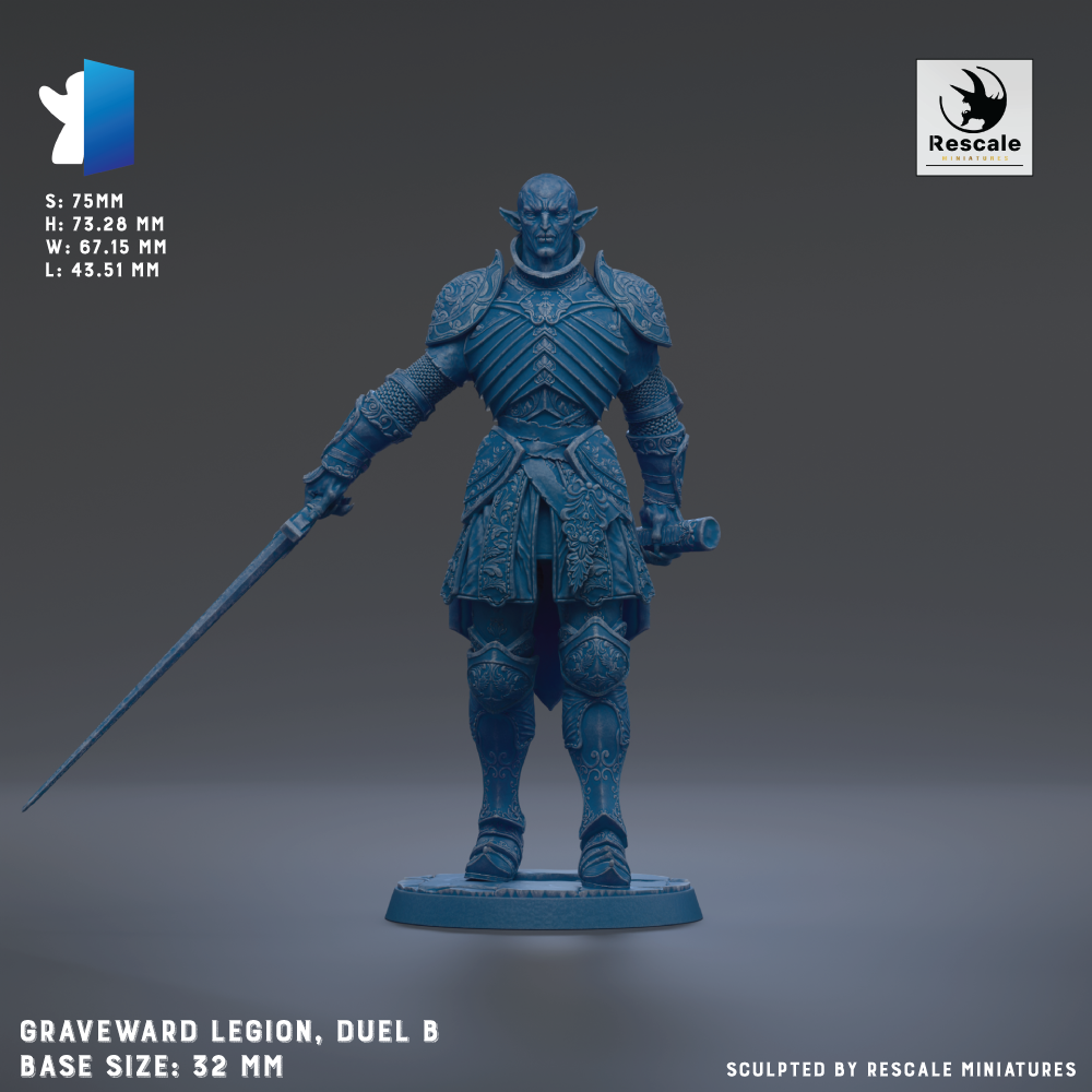 a blue warrior figure, specifically the Graveward Legion, dueling with another warrior on a gray surface. The figure is holding a sword and is wearing a detailed, ornate costume. The base size of the figure is 22mm.
