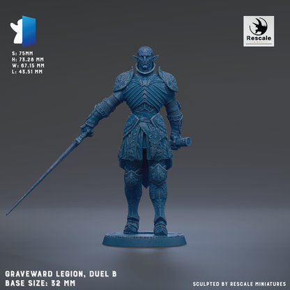 a blue warrior figure, specifically the Graveward Legion, dueling with another warrior on a gray surface. The figure is holding a sword and is wearing a detailed, ornate costume. The base size of the figure is 22mm.