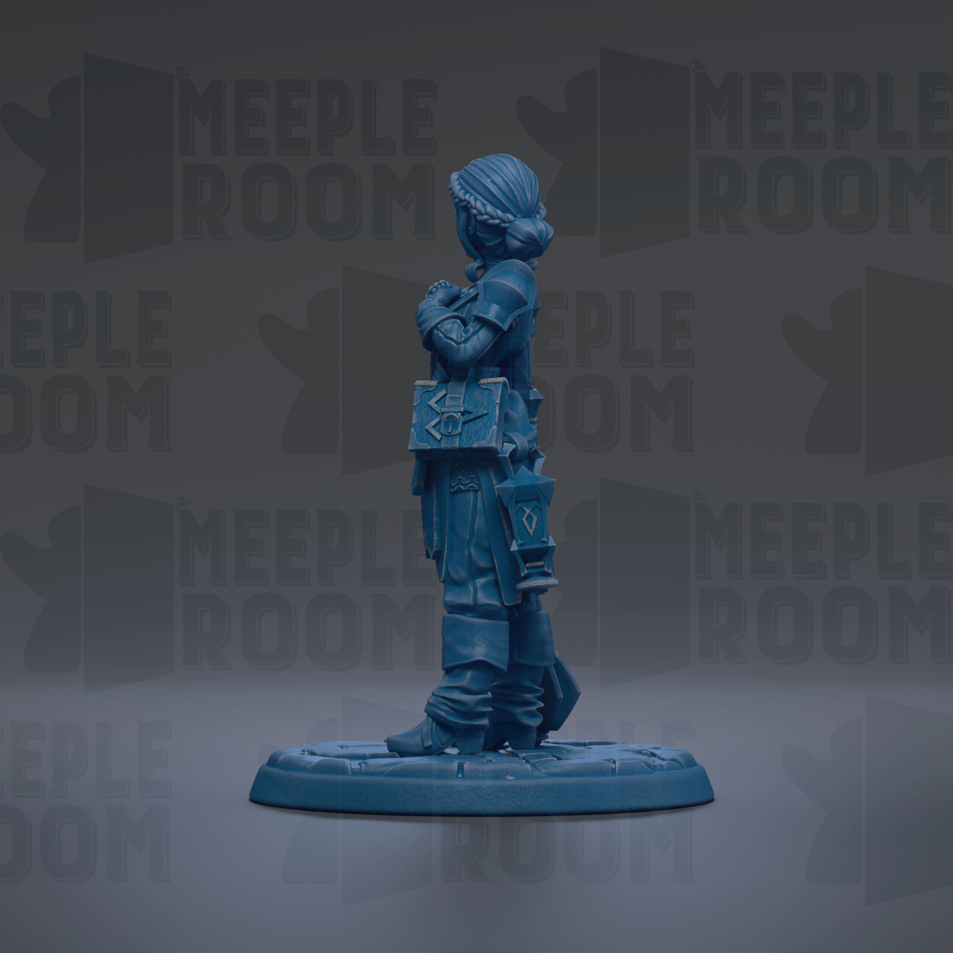 A blue figurine of a person standing on a base, with the text "MEUPLE ROOM" repeated in the background.
