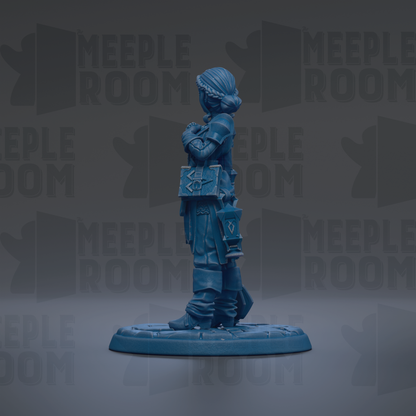 A blue figurine of a person standing on a base, with the text "MEUPLE ROOM" repeated in the background.