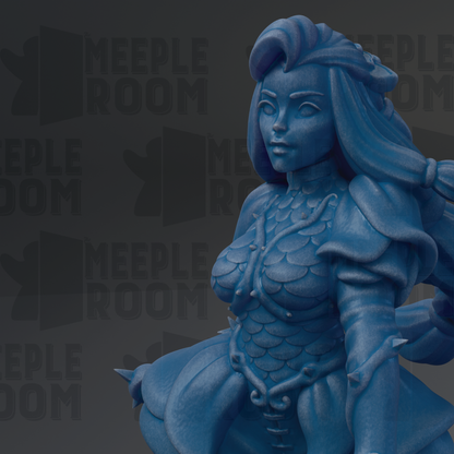 A blue, 3D-rendered female character with flowing hair and a detailed costume, standing against a dark background with repeated text.