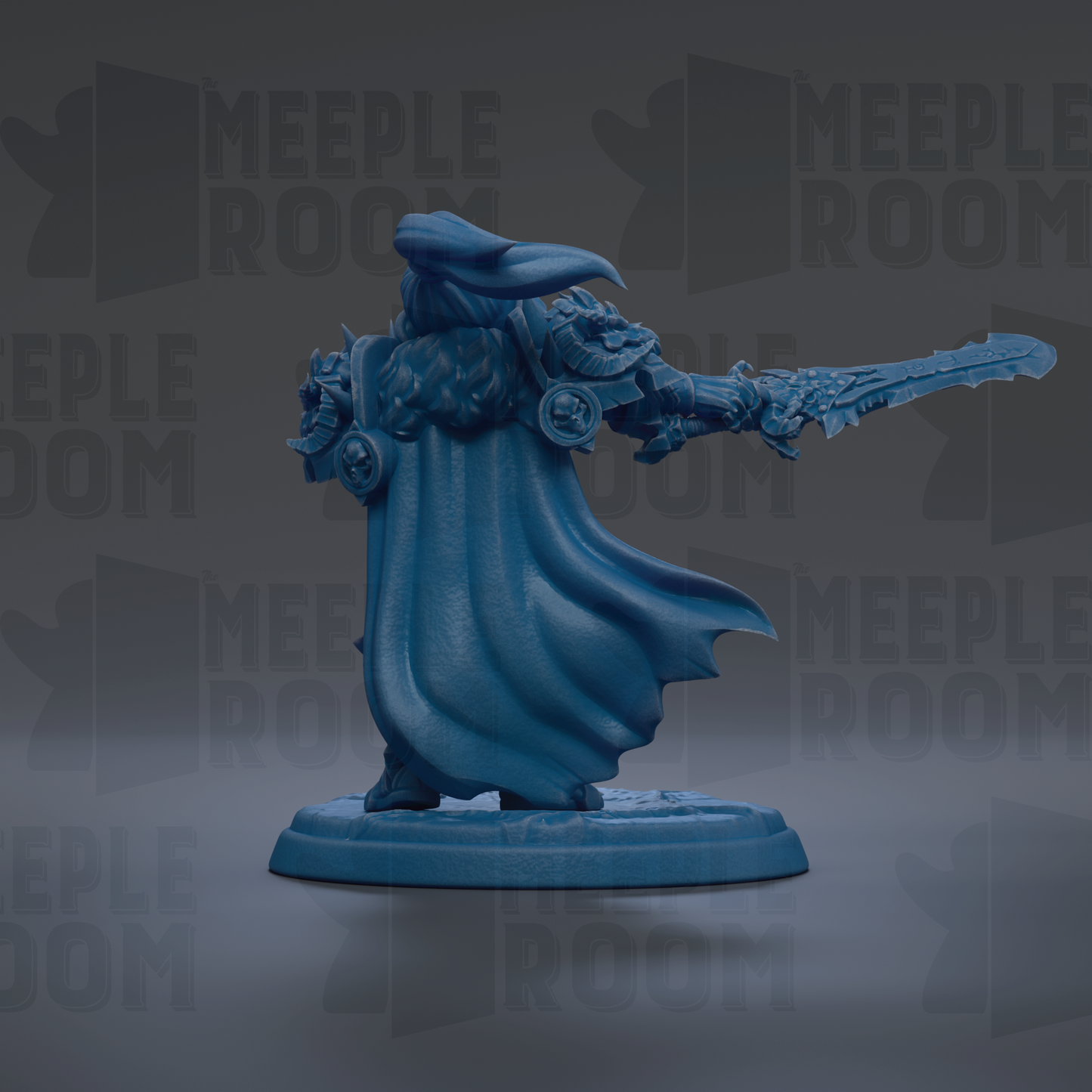 A blue figurine of a warrior wielding a sword and shield, standing on a base.