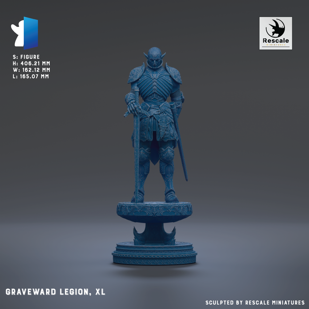 A figurine of a warrior standing on a pedestal, representing the Graveward Legion, XL.