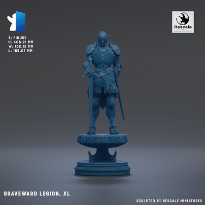 A figurine of a warrior standing on a pedestal, representing the Graveward Legion, XL.