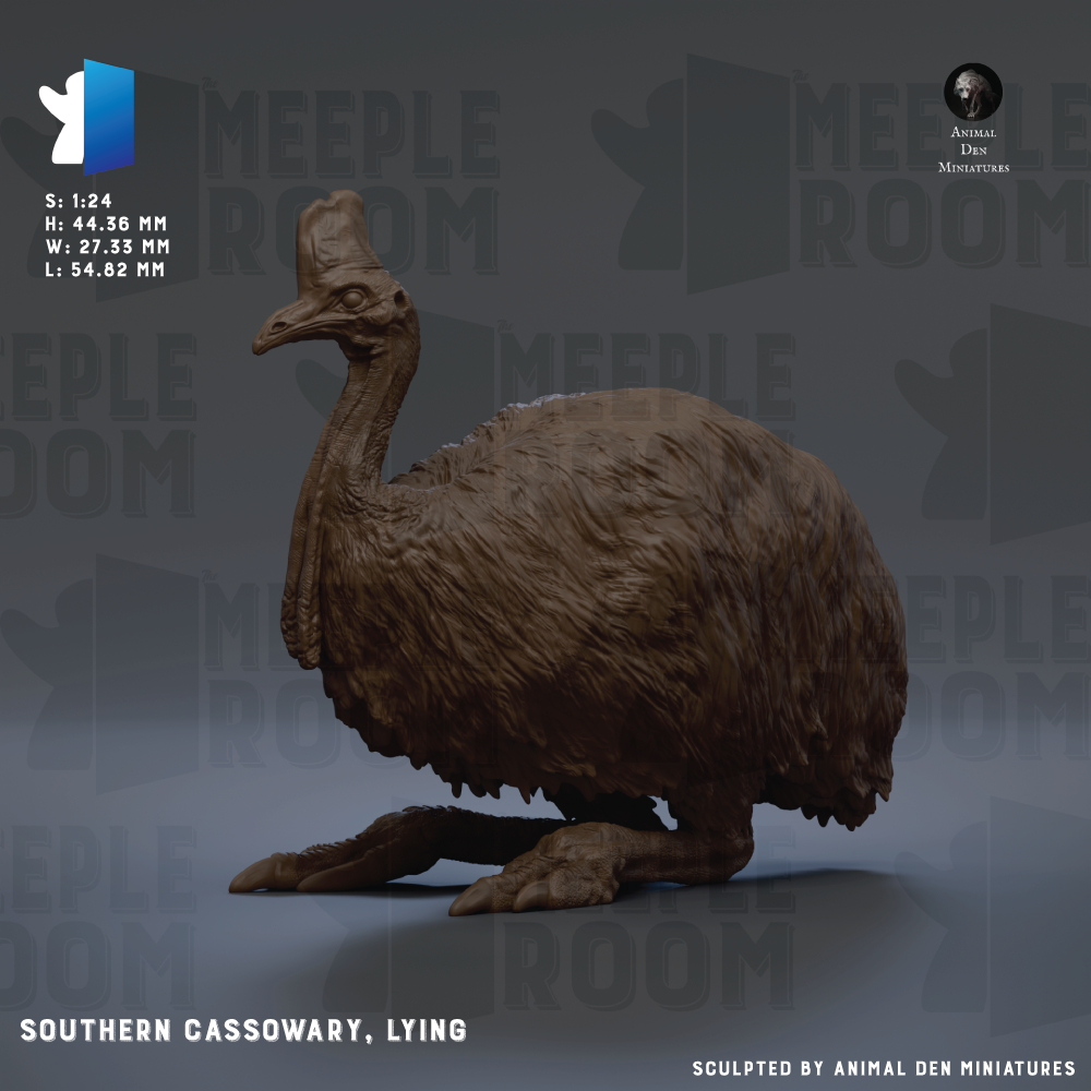 The image is a 3D rendering of a Southern Cassowary, a large flightless bird native to Australia. The bird is depicted in a sitting position, with its long legs and distinctive features clearly visible. The image is a part of the "MEEPLE ROOM" series, as indicated by the text at the top. The bird is shown in a realistic style, with attention to detail in its feathers and overall appearance.