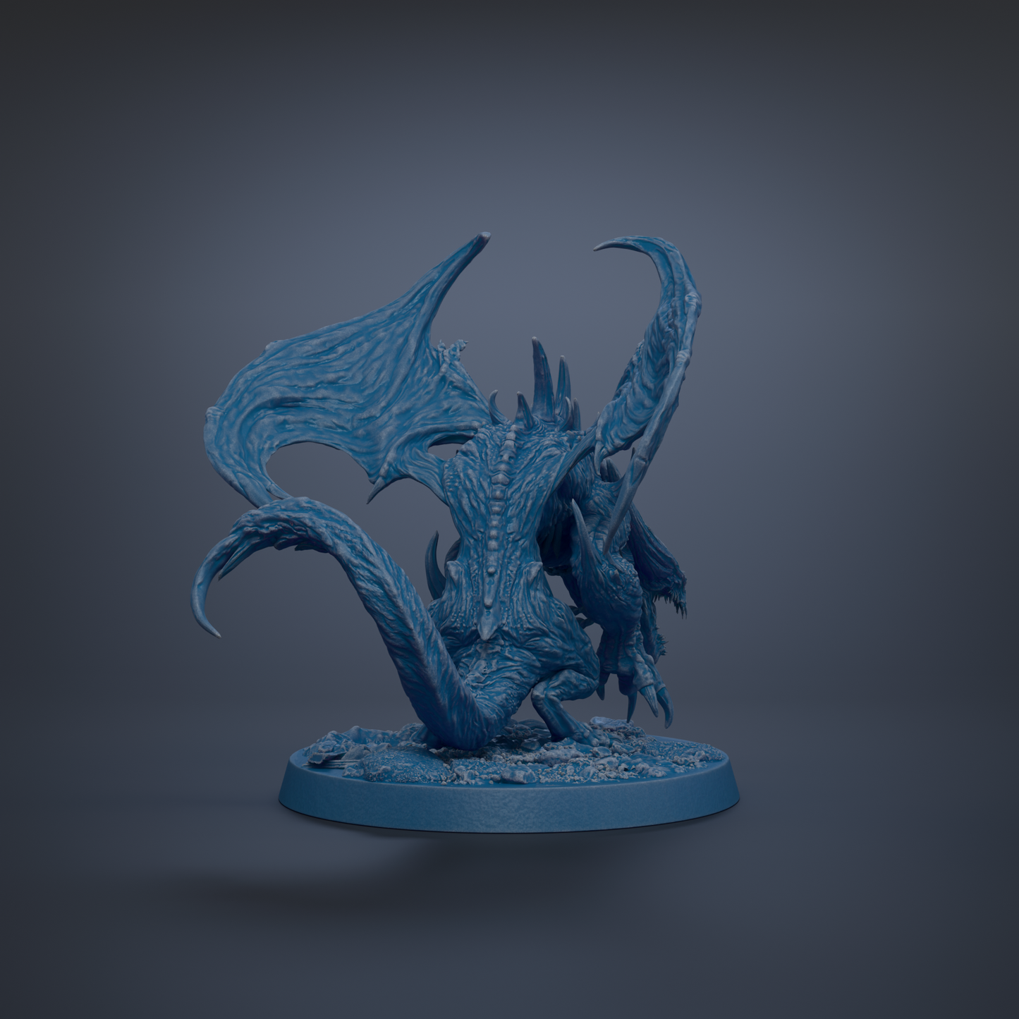 A 3D rendering of a blue dragon-like creature with intricate, flowing scales and sharp teeth, standing on a circular base against a dark background.