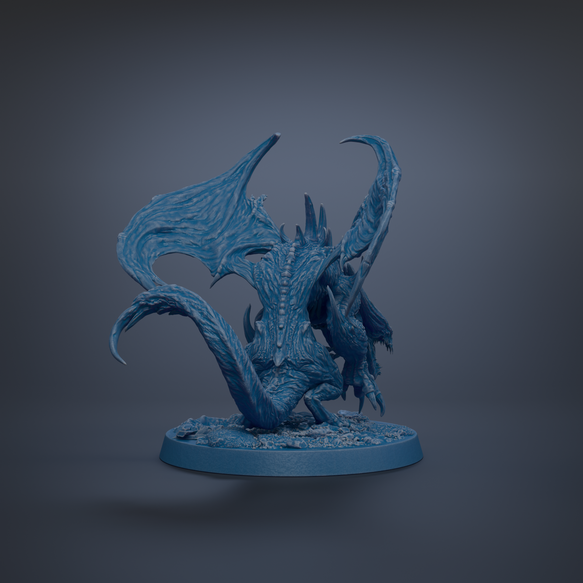 A 3D rendering of a blue dragon-like creature with intricate, flowing scales and sharp teeth, standing on a circular base against a dark background.