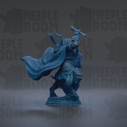 A blue statue of a warrior figure with a sword and shield stands prominently in the center of the image.
