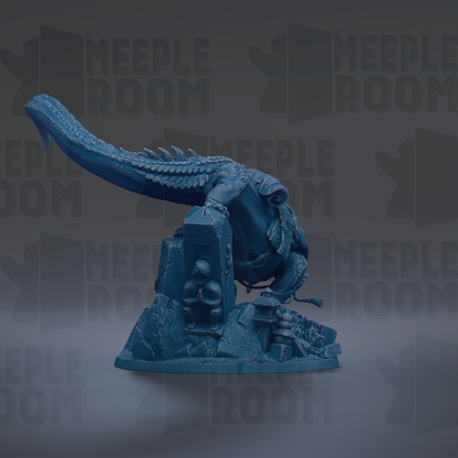 A blue, 3D-rendered statue of a fantastical creature with a long, curved tail and sharp teeth, standing on a rock formation.