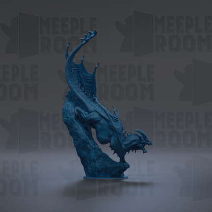 A blue dragon statue is displayed against a dark background with repeated text.