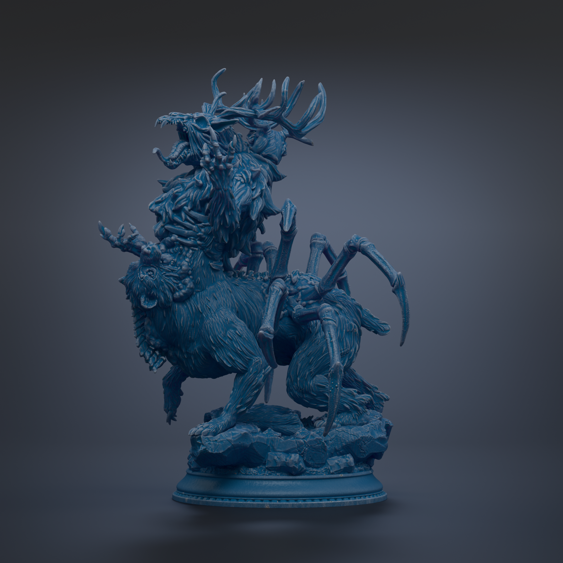 A detailed 3D rendering of a fantastical creature, possibly a dragon or a mythical beast, with intricate details and a dark, moody color scheme.