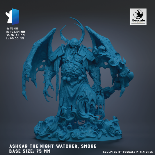 A detailed 3D model of a dark, winged creature resembling a dragon or serpent, with intricate details and a menacing expression. The creature appears to be made of a material that resembles metal or stone, giving it a sculpted, lifelike appearance. The image is described as a "base size: 75 mm" and is labeled as "Ashkar the Night Watcher, Smoke".