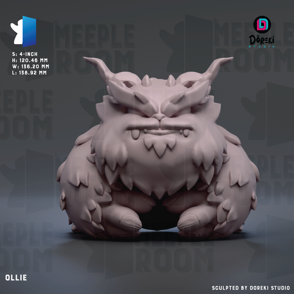 A 3D rendering of a large, furry creature with horns and a fierce expression, sitting on a surface.