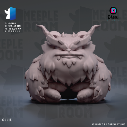 A 3D rendering of a large, furry creature with horns and a fierce expression, sitting on a surface.