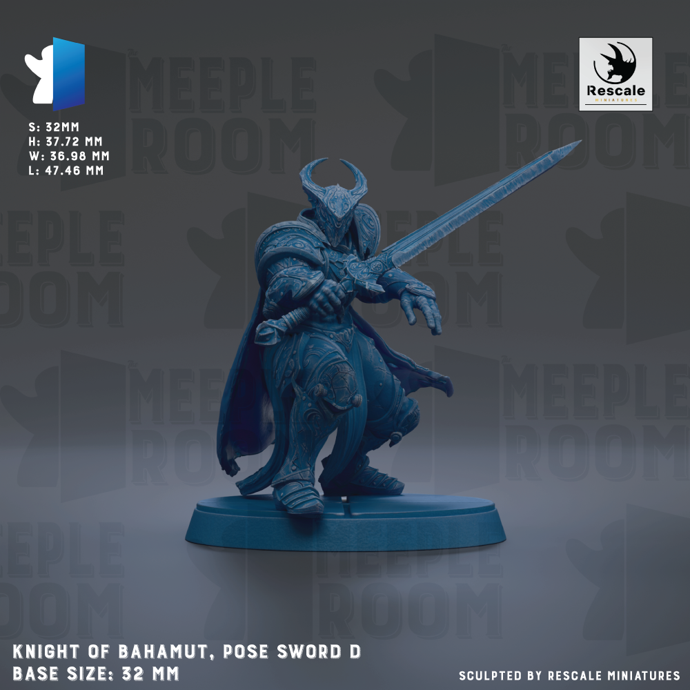 The image is a detailed model of a knight of Bahamut, posed with a sword, displayed on a blue base.
