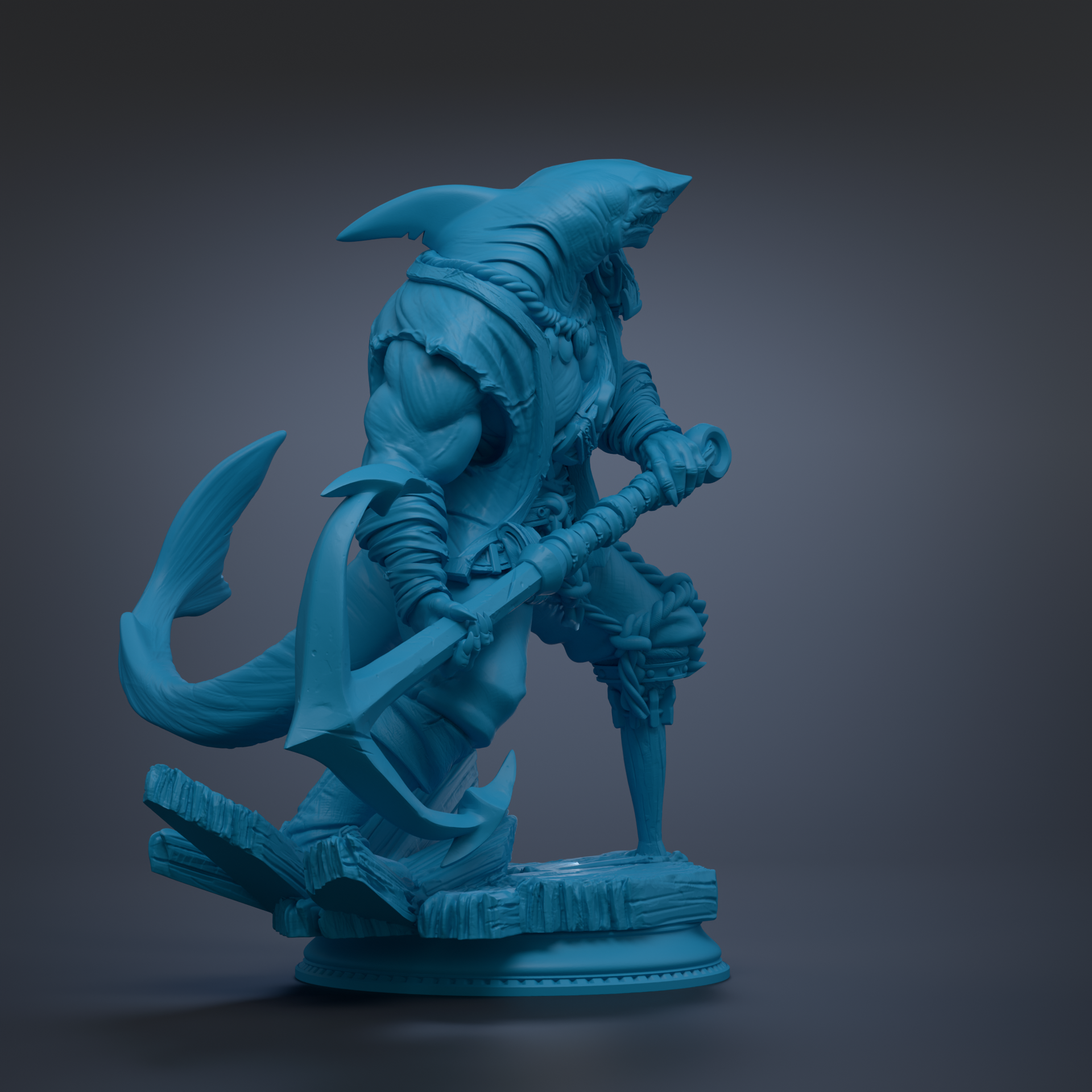 A blue 3D model of a shark-like creature with a sword and shield, standing on a platform.