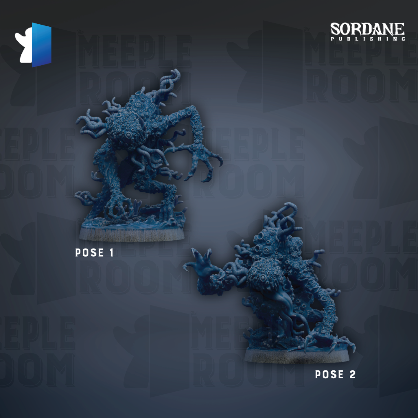 two blue, monster-like figurines with intricate, organic-looking features, set against a dark background with repeated text.