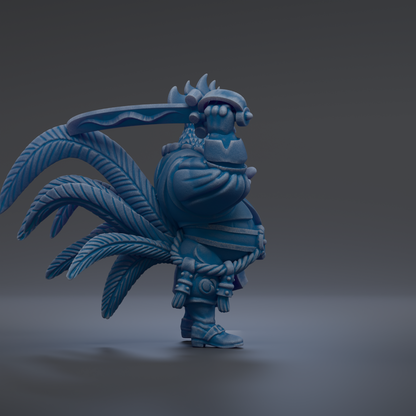 A 3D rendering of a blue, fantastical creature with a large head, long tail, and a sword in its hand.