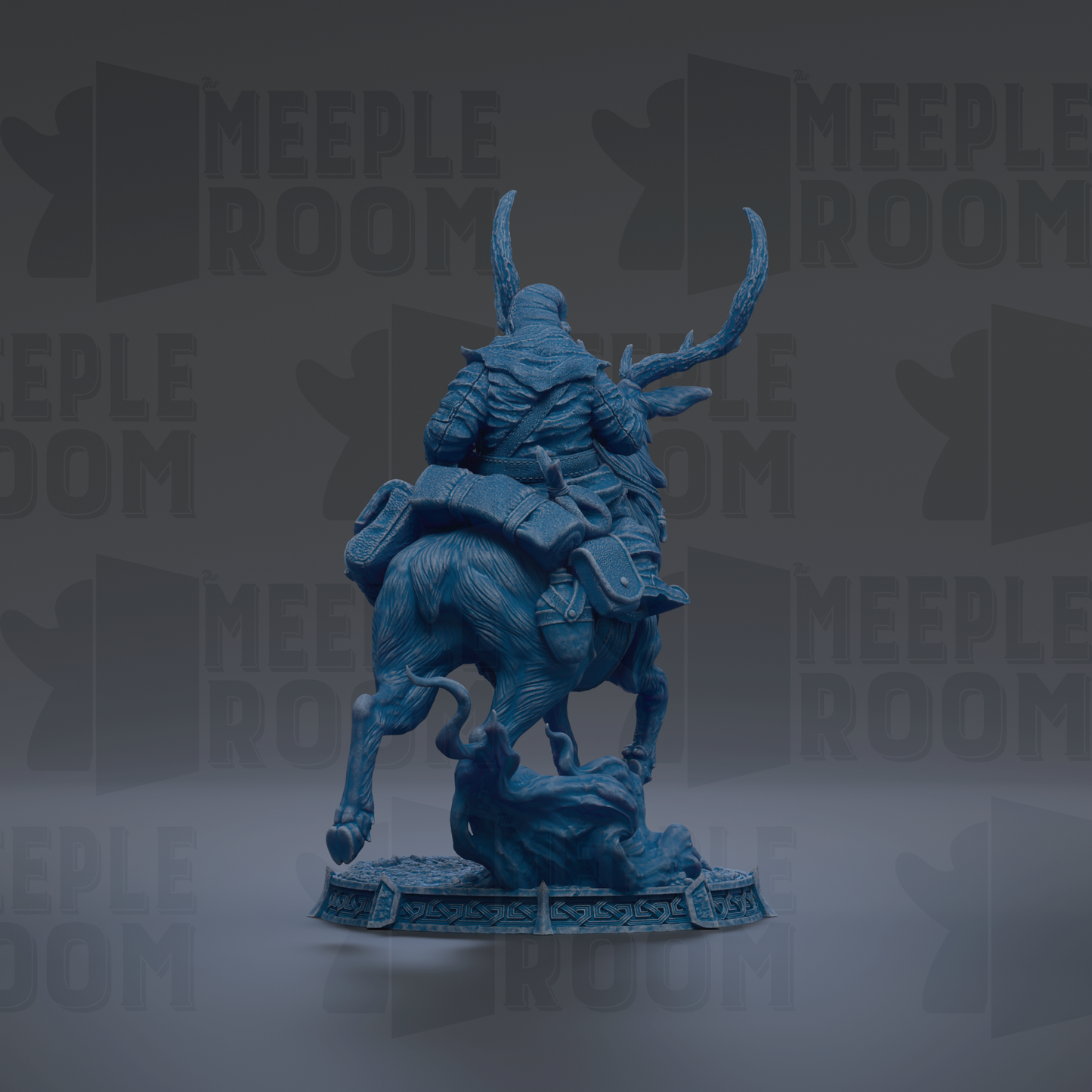 A 3D rendering of a blue, fantastical creature with horns and a large head, standing on a platform.