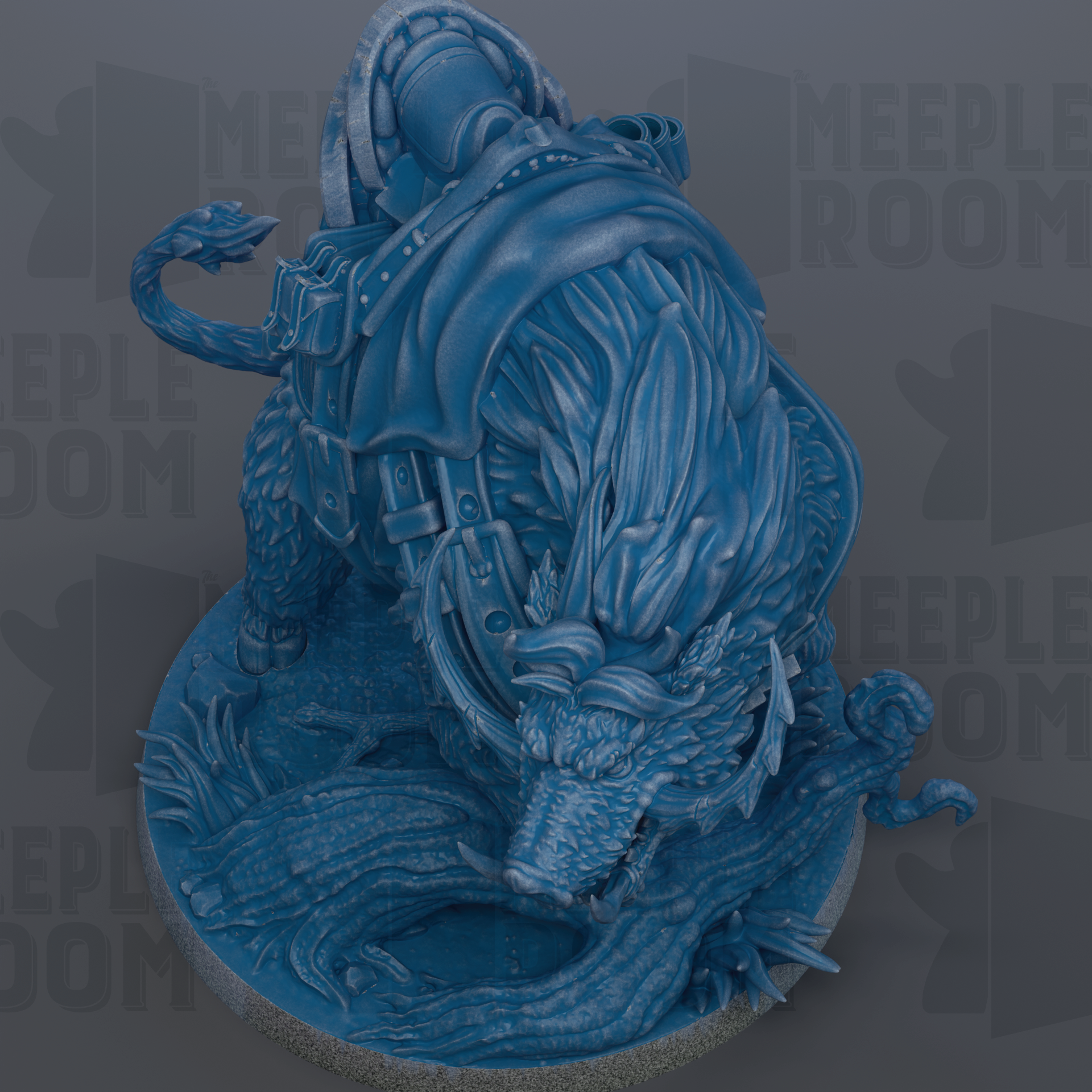 A detailed 3D rendering of a blue dragon-like creature with intricate patterns and textures, standing on a platform.
