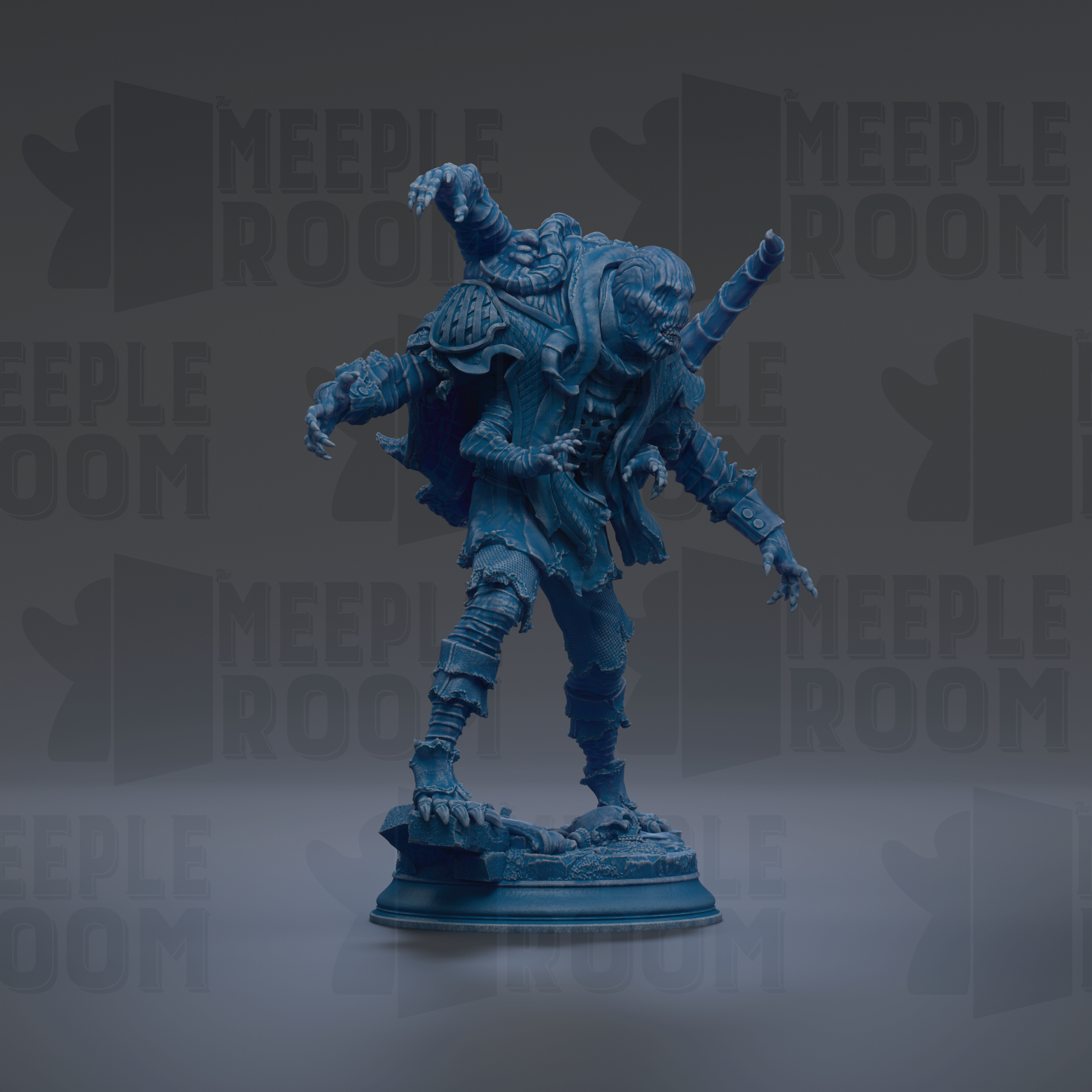 A blue, metallic statue of a creature with multiple arms and a fierce expression, standing on a pedestal against a dark background with repeated text.