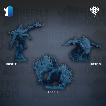three blue figurines of fantastical creatures, each with different poses, displayed against a dark background with repeated text.