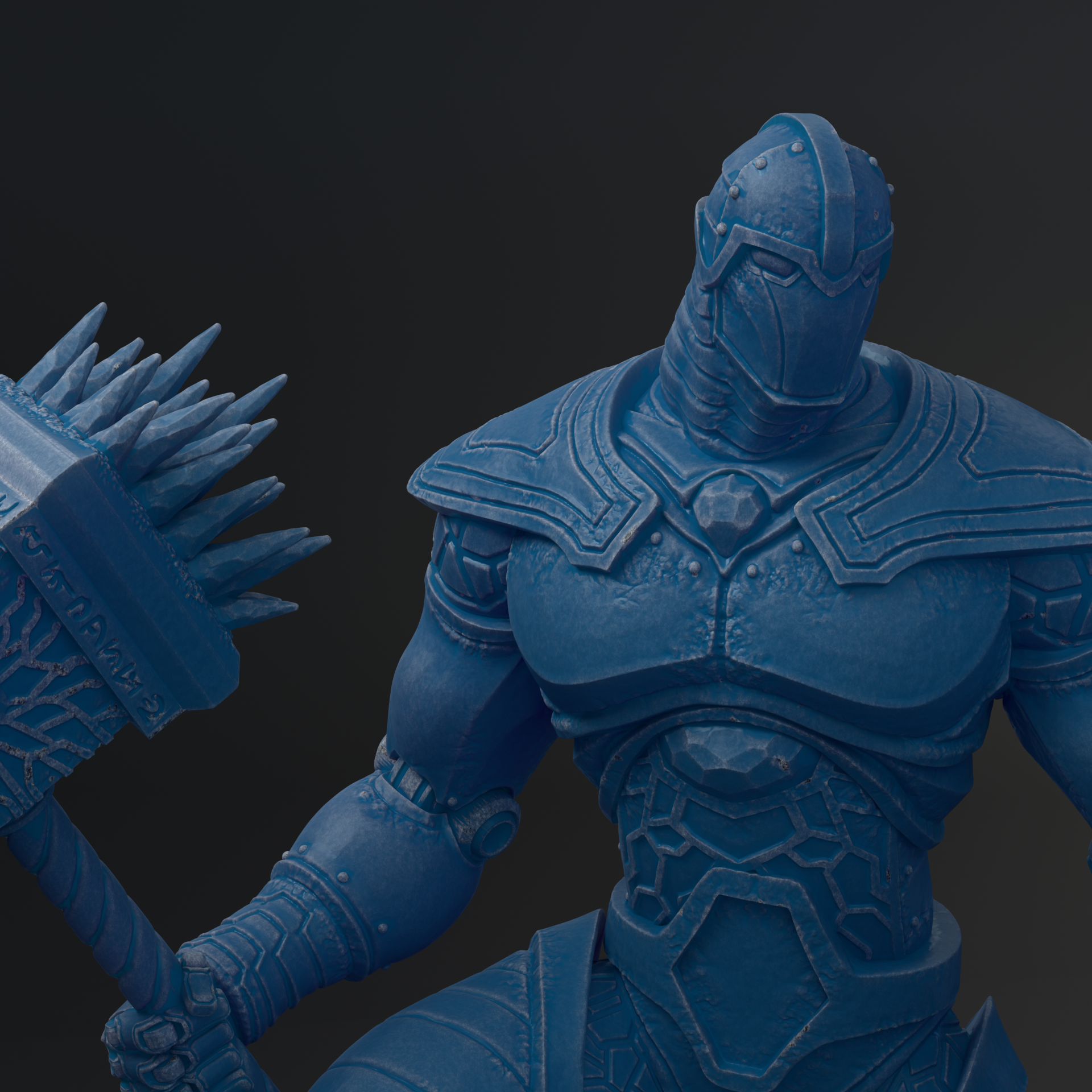 A detailed 3D rendering of a blue armored figure, possibly a warrior or knight, with intricate armor and weapons.