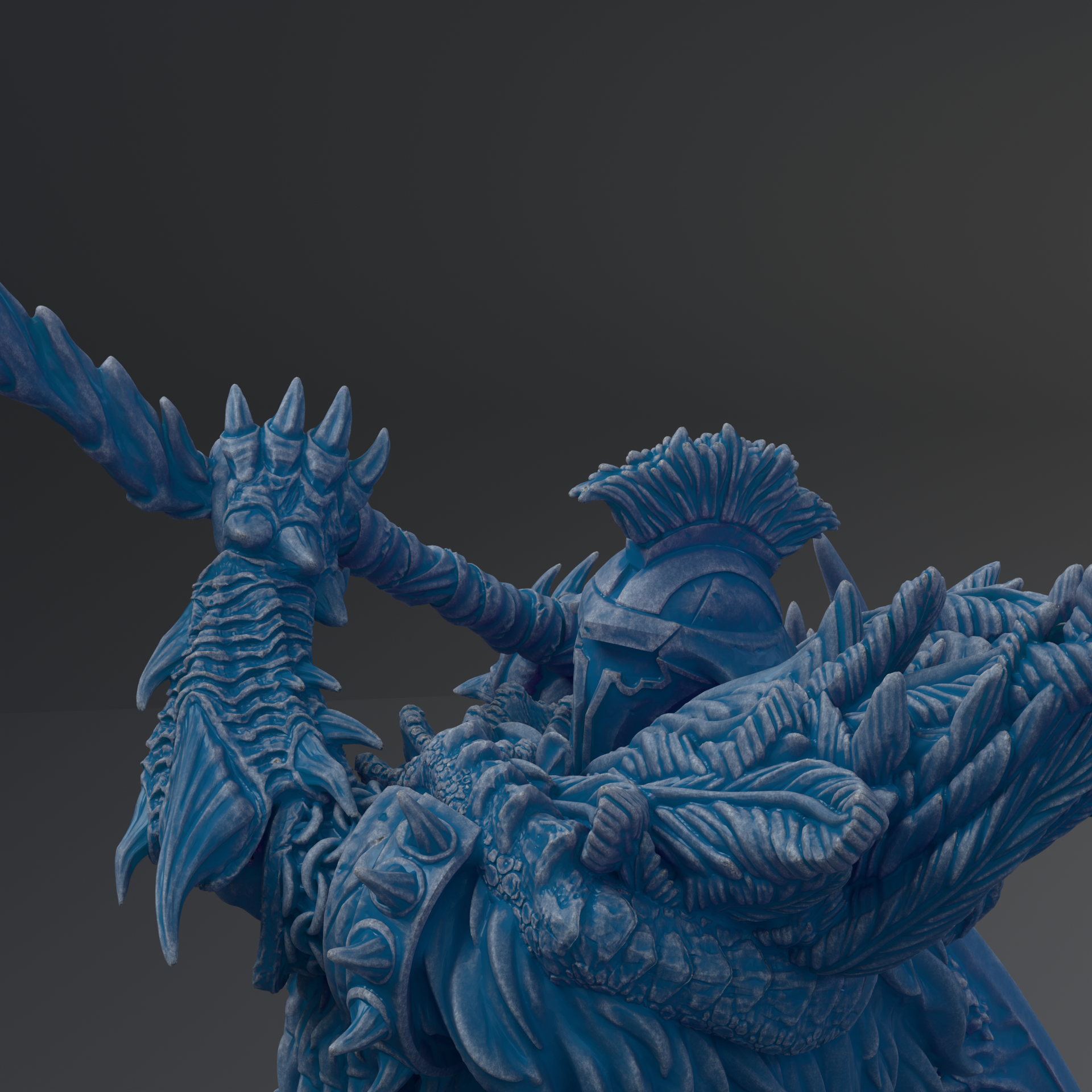 A detailed 3D rendering of a blue, armored warrior figure with spikes and a helmet, holding a weapon.