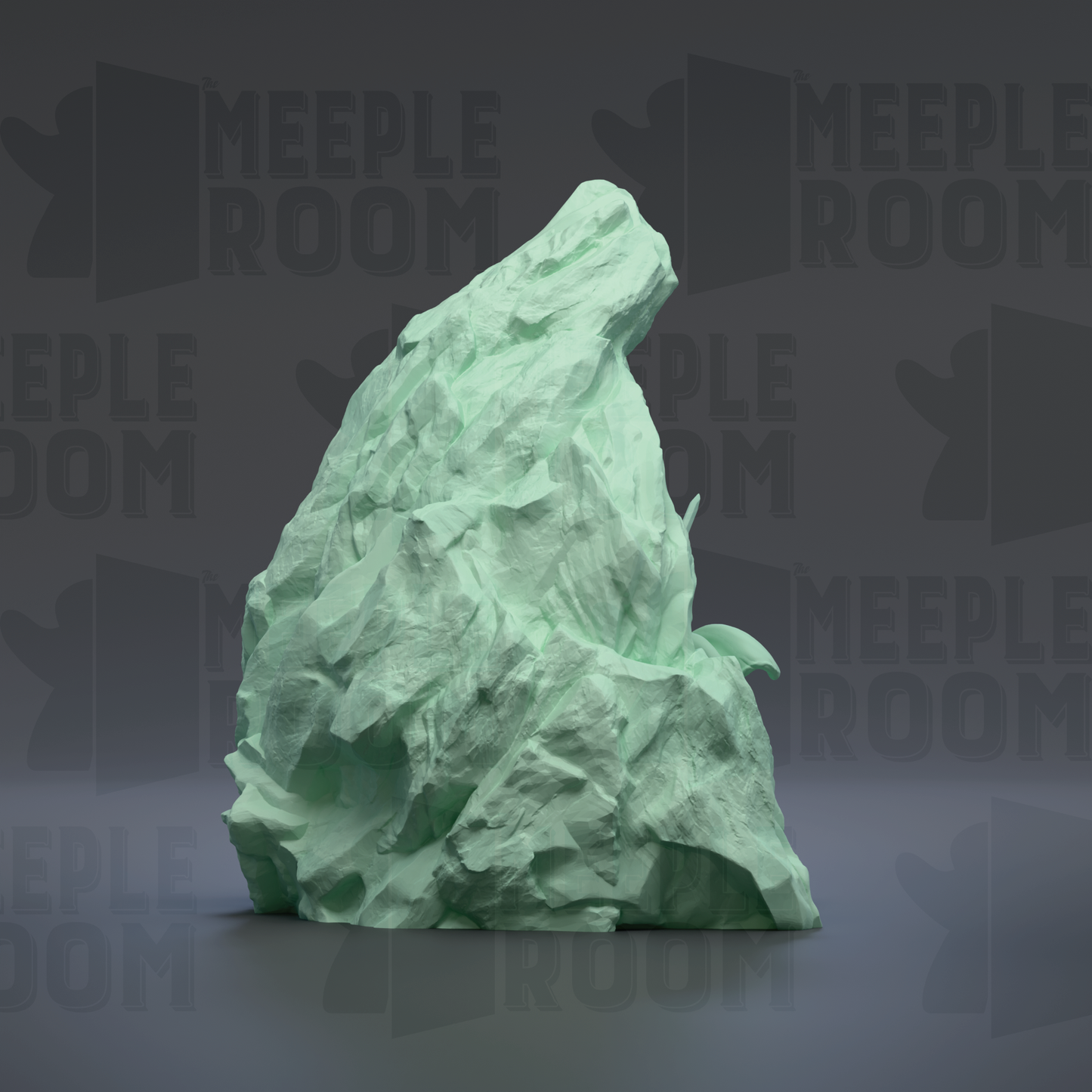 A large, jagged, green rock formation is prominently displayed against a dark background, with the repeated text "MEEPLE ROOM" visible in the background.