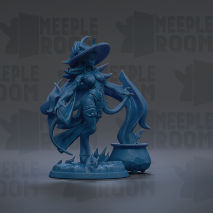 A blue figurine of a woman with a pointed hat and flowing robes, holding a staff, stands on a base with flames emanating from it.