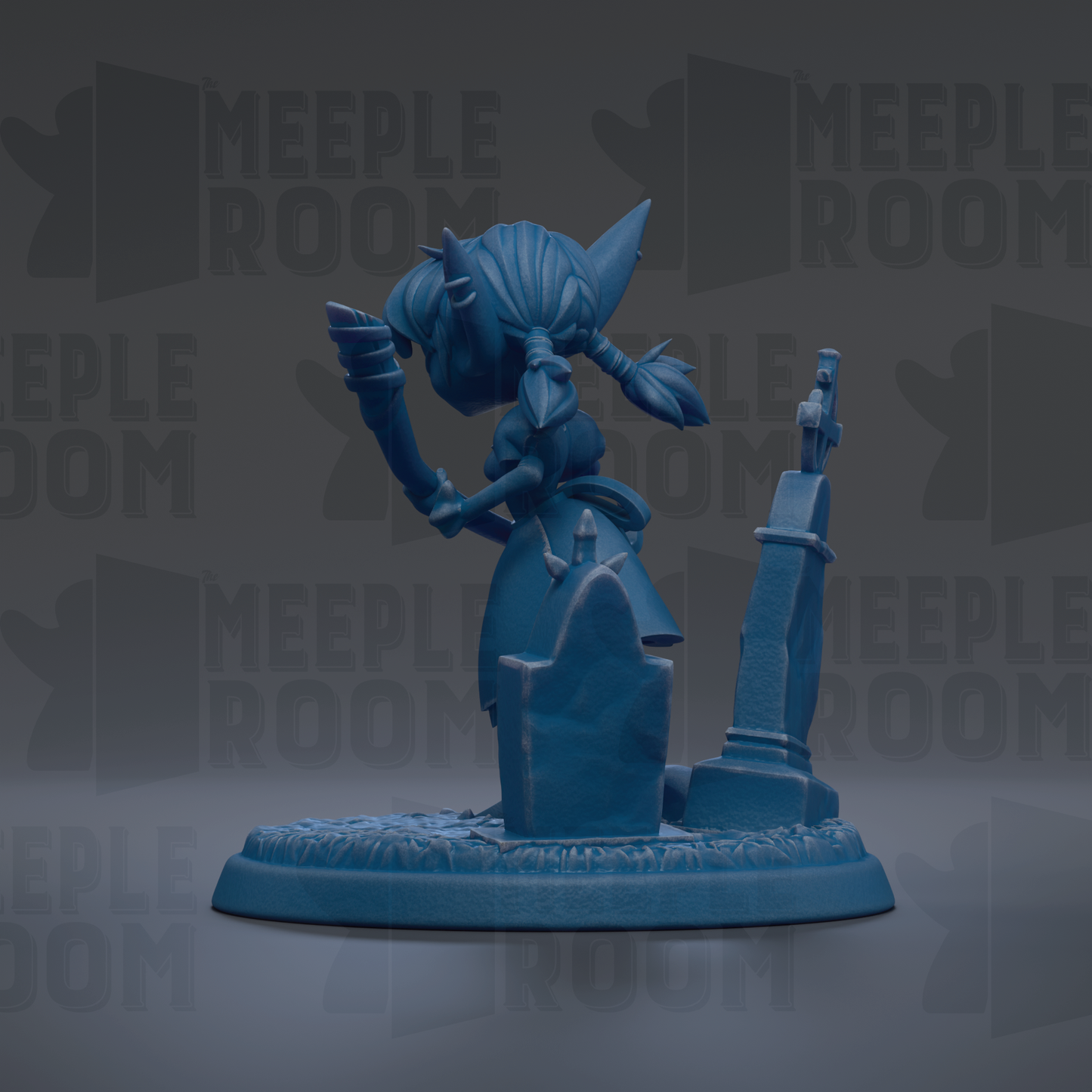 A blue figurine of a character with a pointed hat and a long tail, standing on a base with a skull and crossbones design.