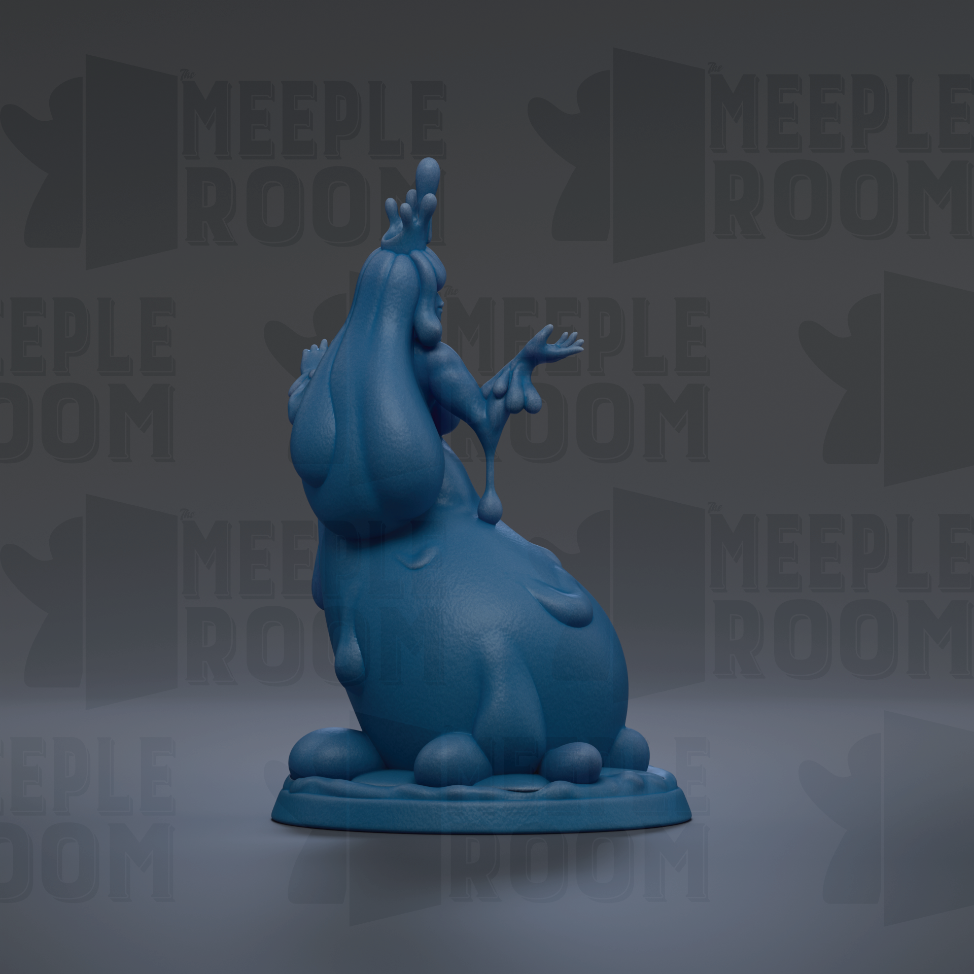 A blue, cartoonish figurine of a character with a large head and long neck, sitting on a base and holding a small object in its hand.