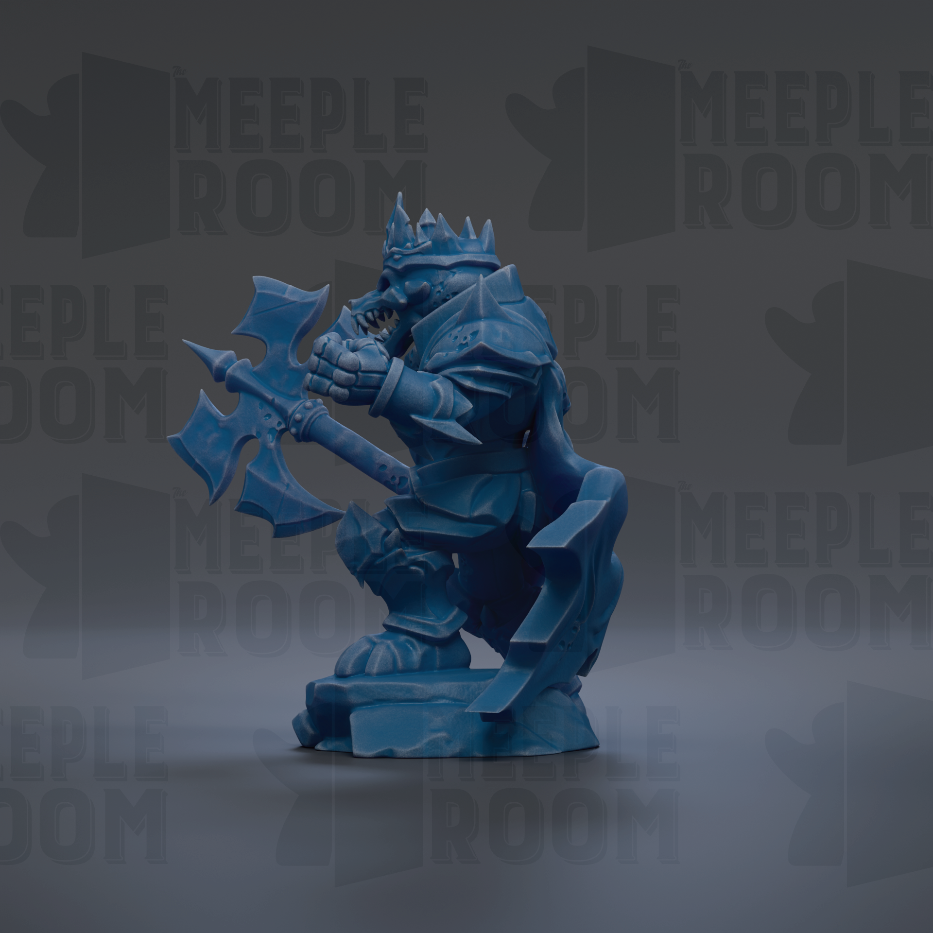 A blue armored knight figure holding a sword and shield stands against a dark background with repeated "MEUPLE ROOM" text.