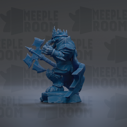 A blue armored knight figure holding a sword and shield stands against a dark background with repeated "MEUPLE ROOM" text.