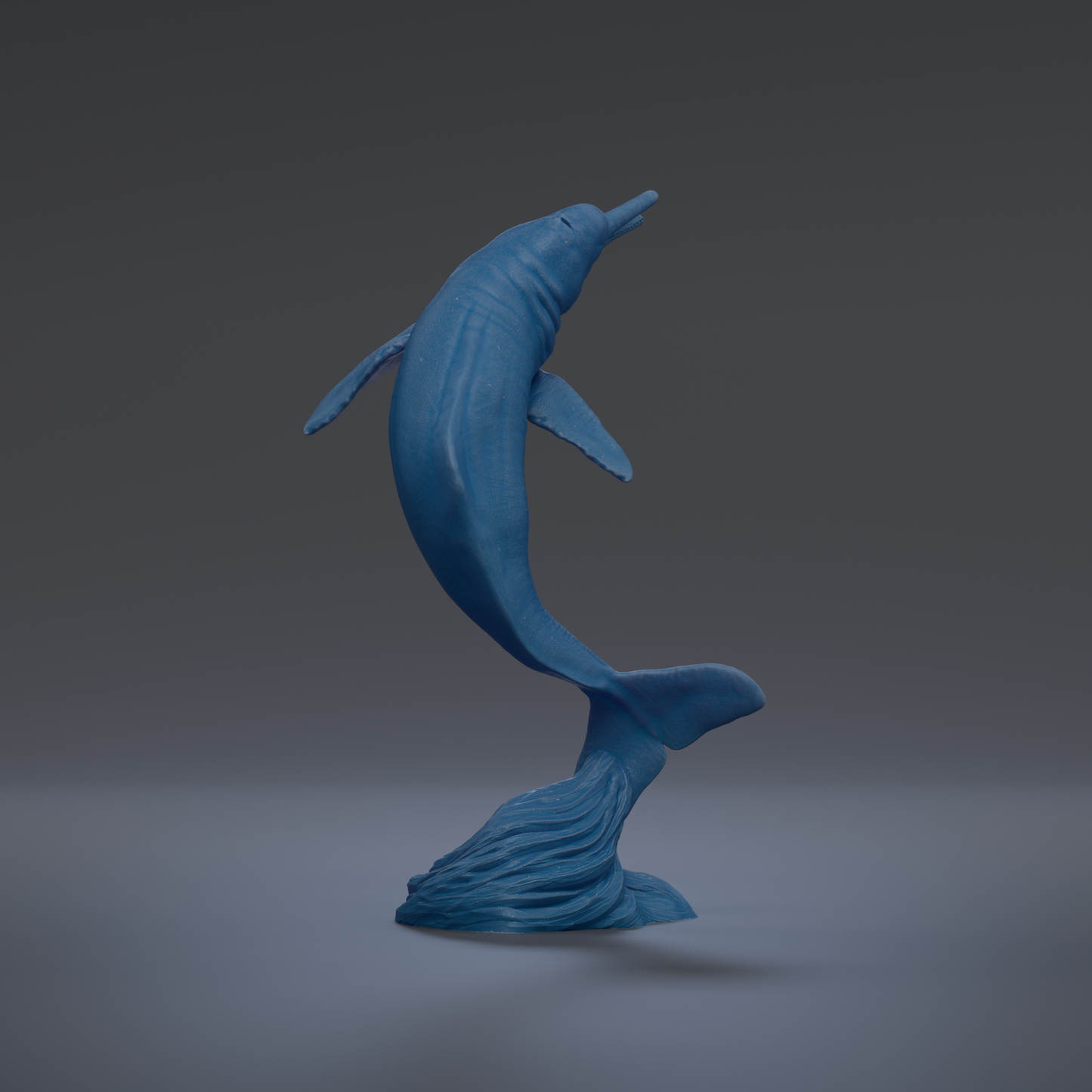 A blue 3D model of a dolphin jumping out of the water.