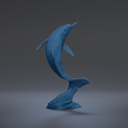 A blue 3D model of a dolphin jumping out of the water.